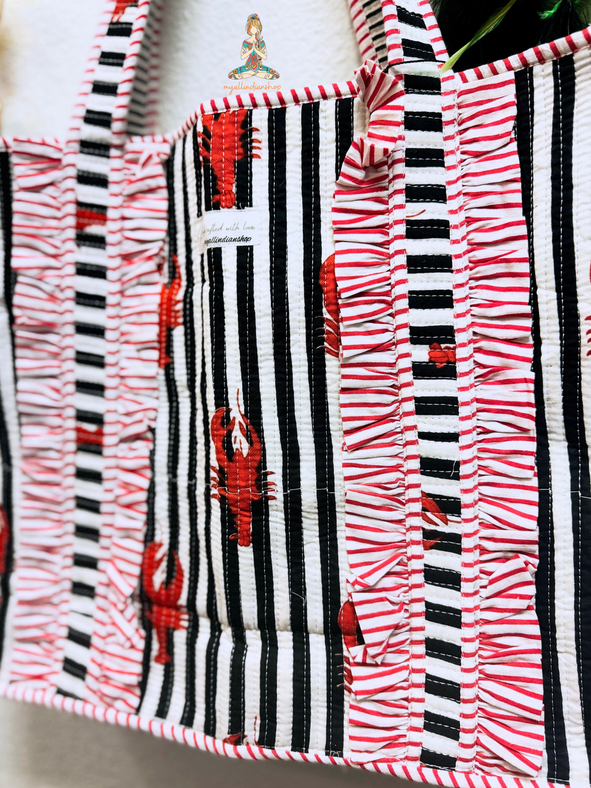 Red Lobster Print Reversible Quilted Tote Bag | Coastal Catch Hand Block Print Ruffle Tote