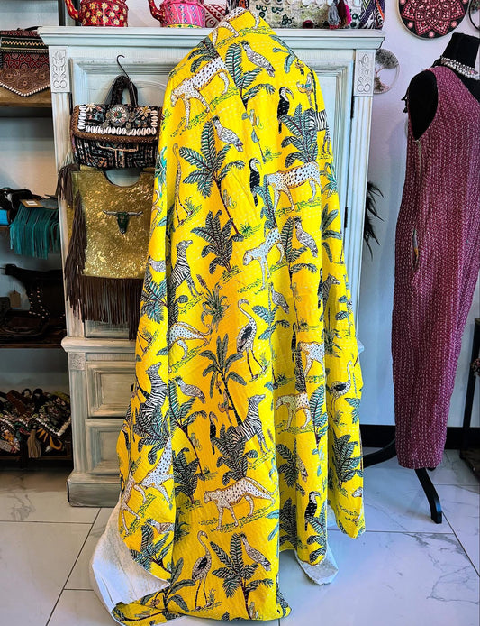 Jungle print with palm trees handblock printed on 100% cotton- throw size- twin size