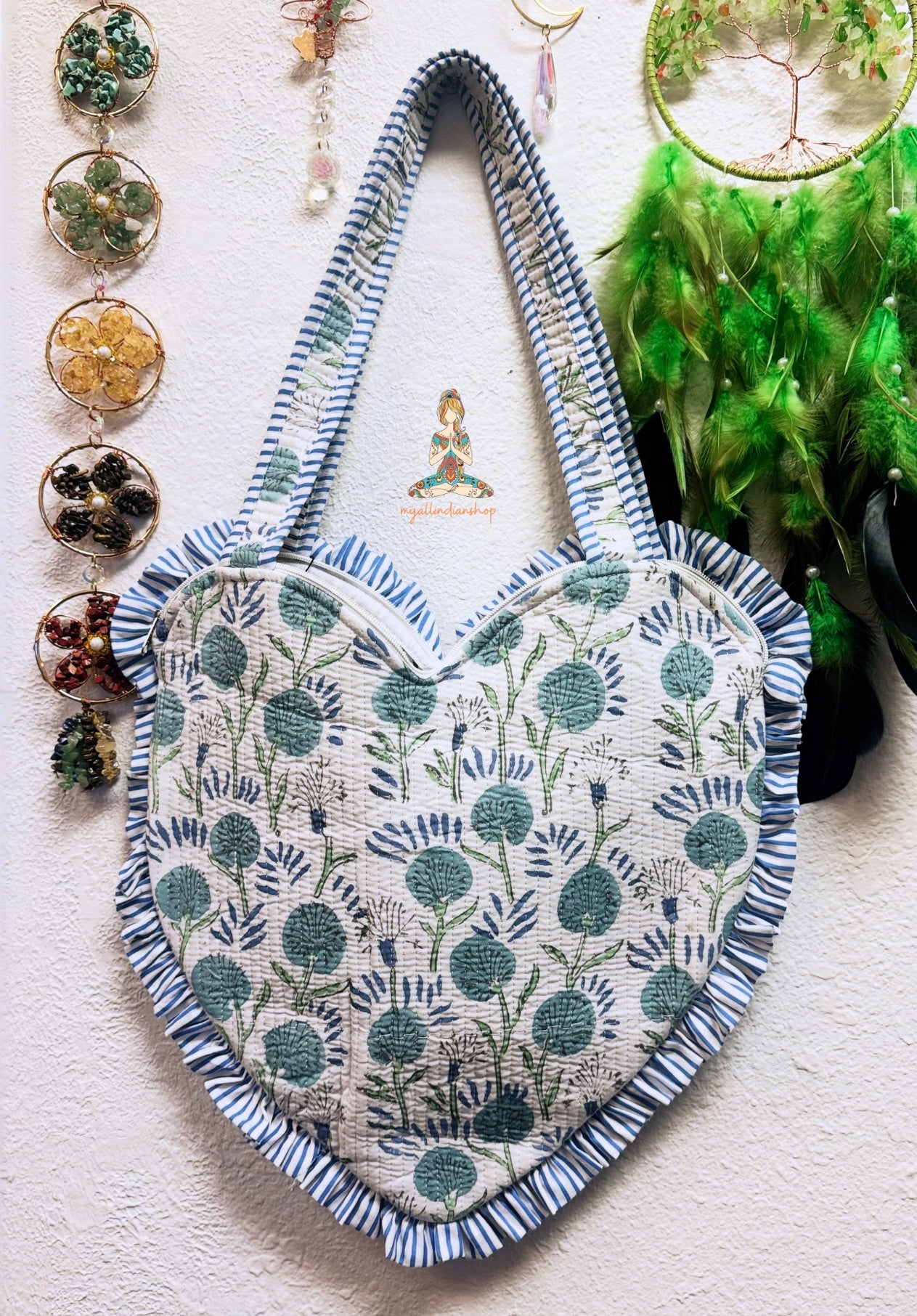 Heart-Shaped Quilted Tote Bag | Hand Block-Printed 100% Cotton | Handmade Zipper Tote