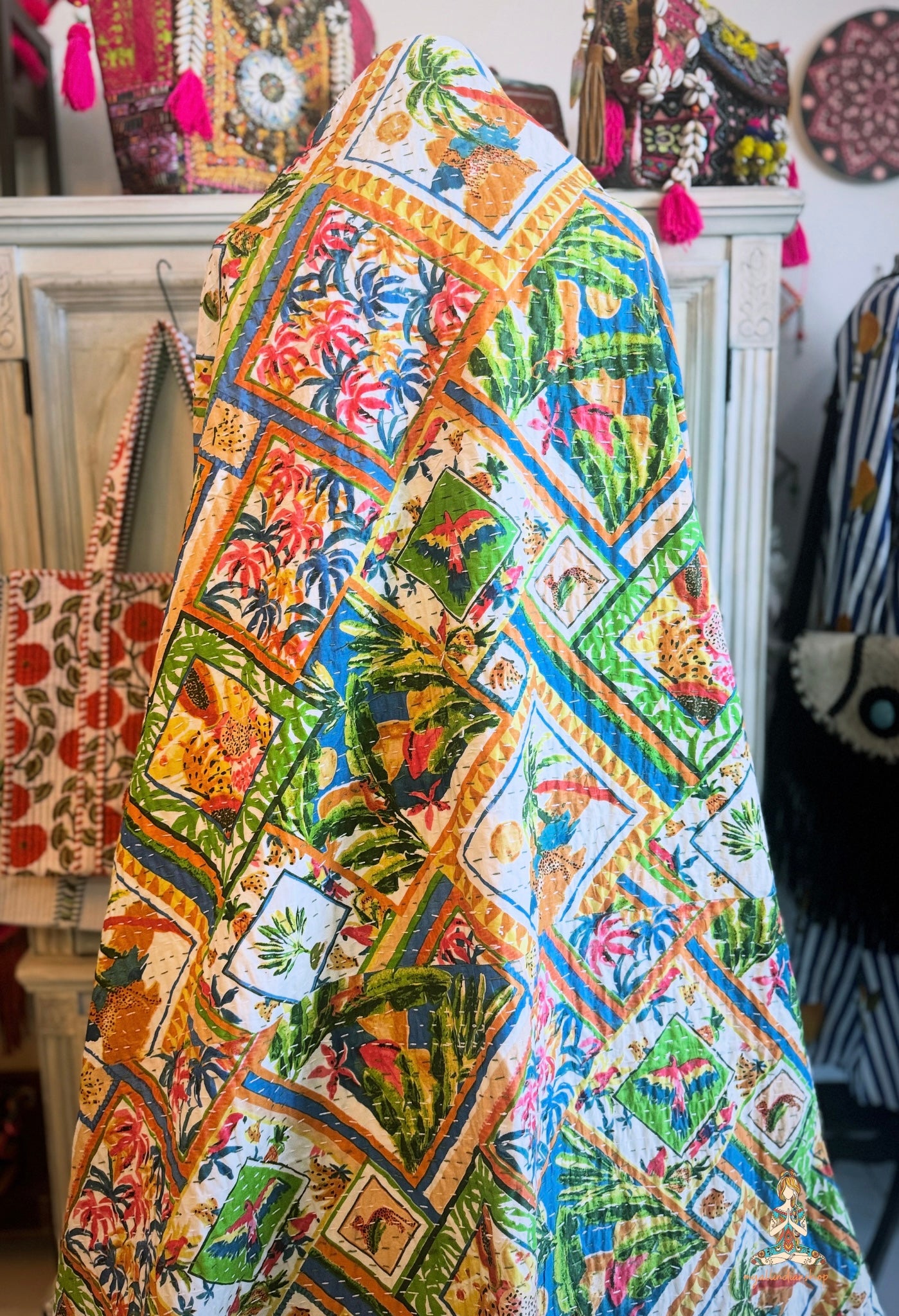 Wild Tropics | Patchwork Print Kantha Quilt | 100% Cotton | Handmade | 90x110” Queen/King