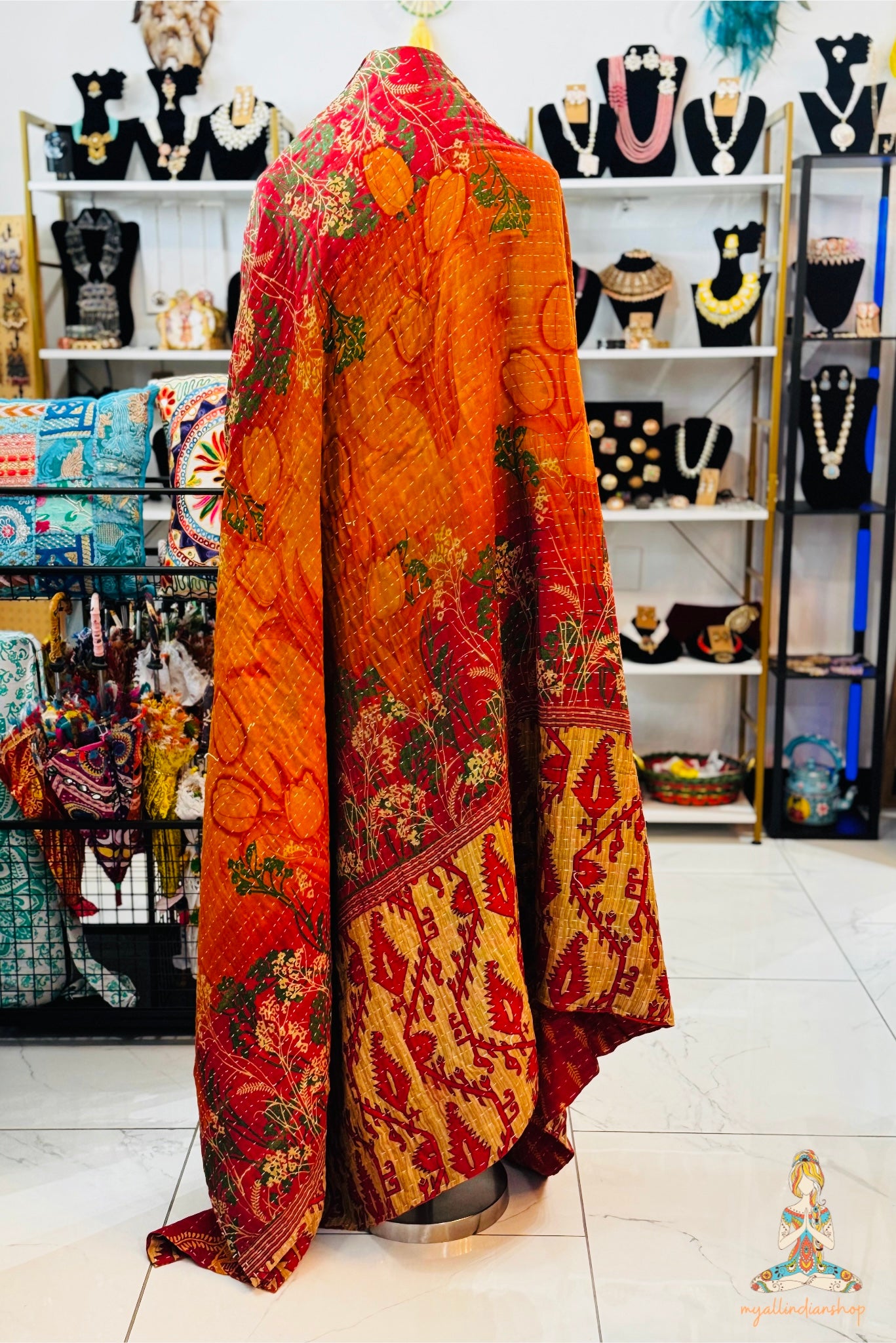 Tulips Saree Kantha Quilt – Twin Size - Throw Blanket