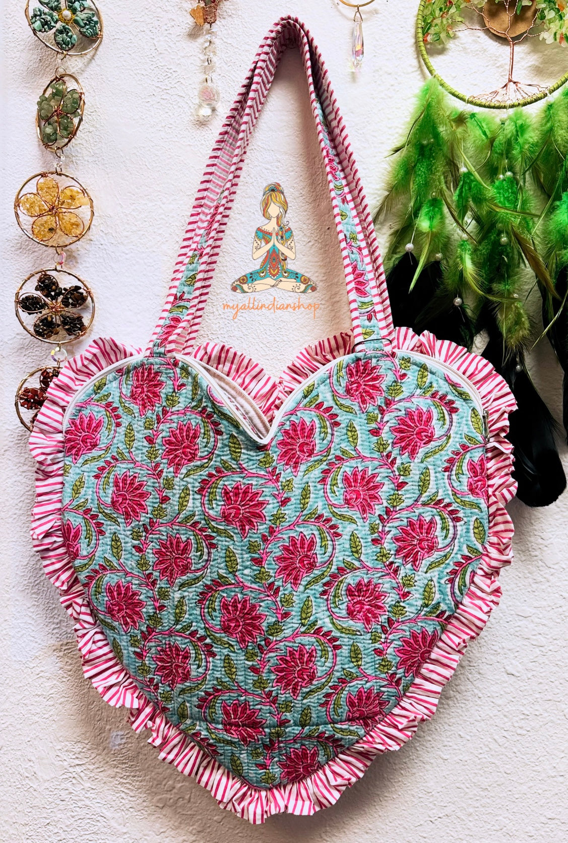 Heart Quilted Tote- Blue - Zipper - Pocket