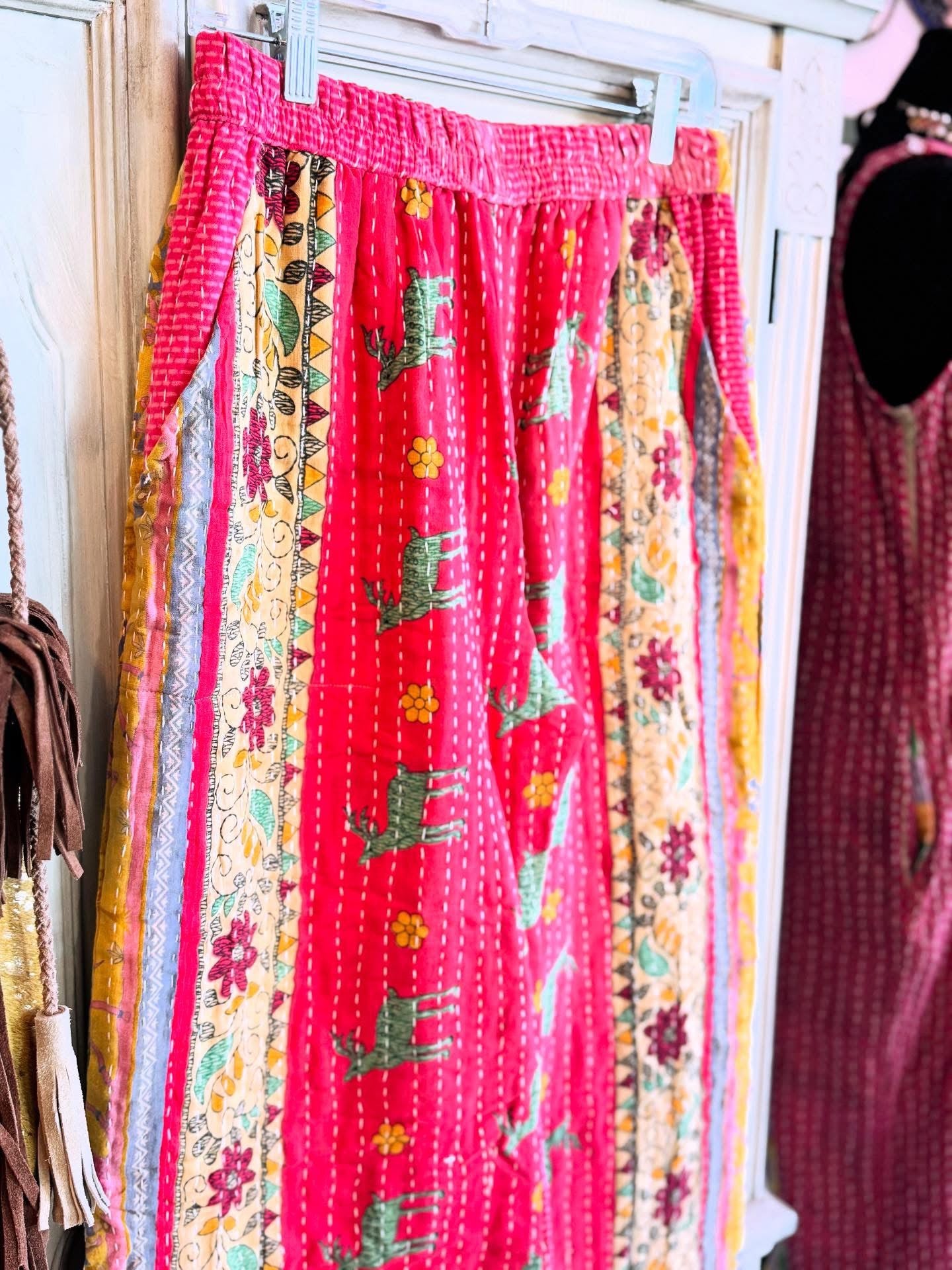 Deer Parade – Handmade Kantha Cotton Pants | Wide Leg Boho Trousers