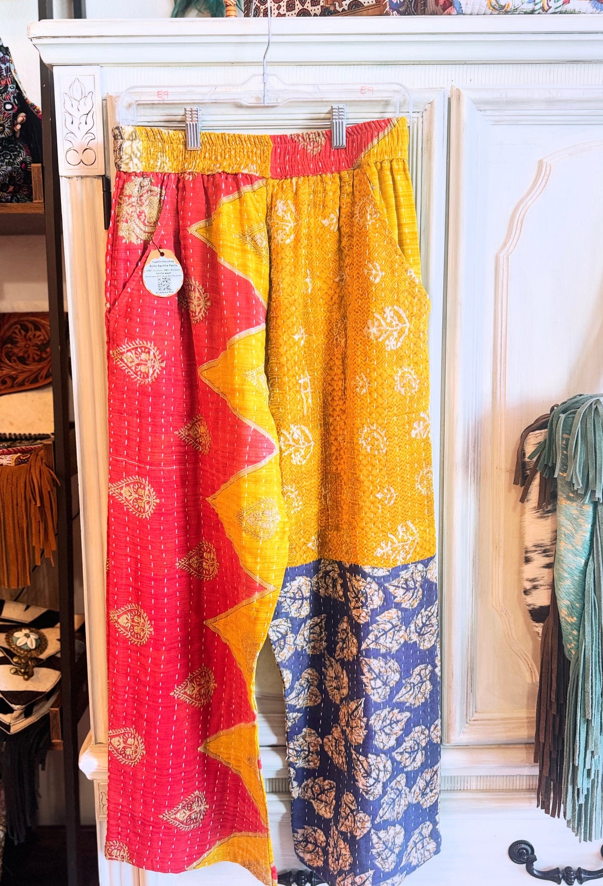Marigold Sunburst – Handmade Kantha Cotton Pants | Paisley Patchwork Boho Pants | Pockets