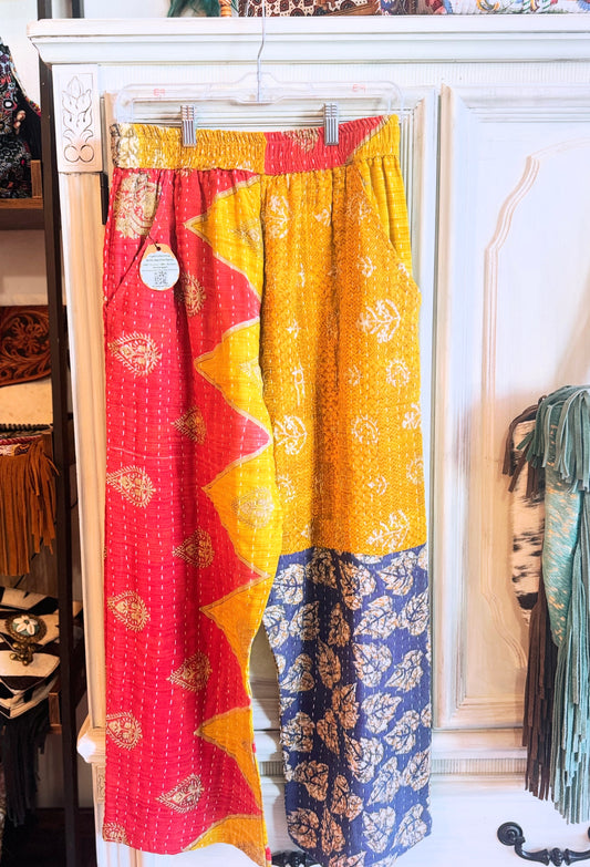 Marigold Sunburst – Handmade Kantha Cotton Pants | Paisley Patchwork Boho Pants | Pockets