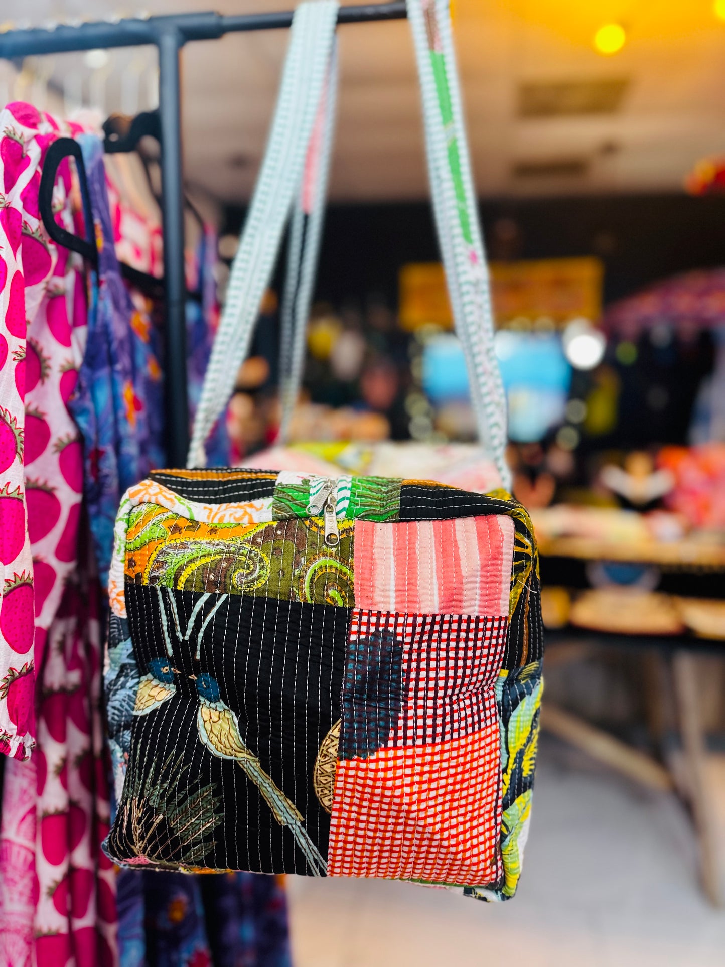 Tropical Palm Patchwork Quilted Duffel Bag – Handmade Botanical Block Print Cotton Weekender Bag