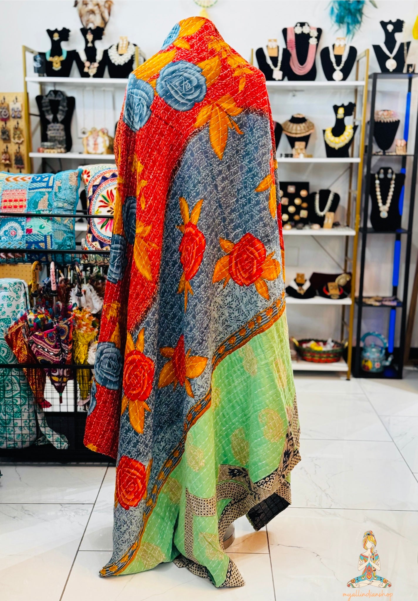 Roses and Paisleys Saree Kantha Quilt – Twin Size - Throw Blanket