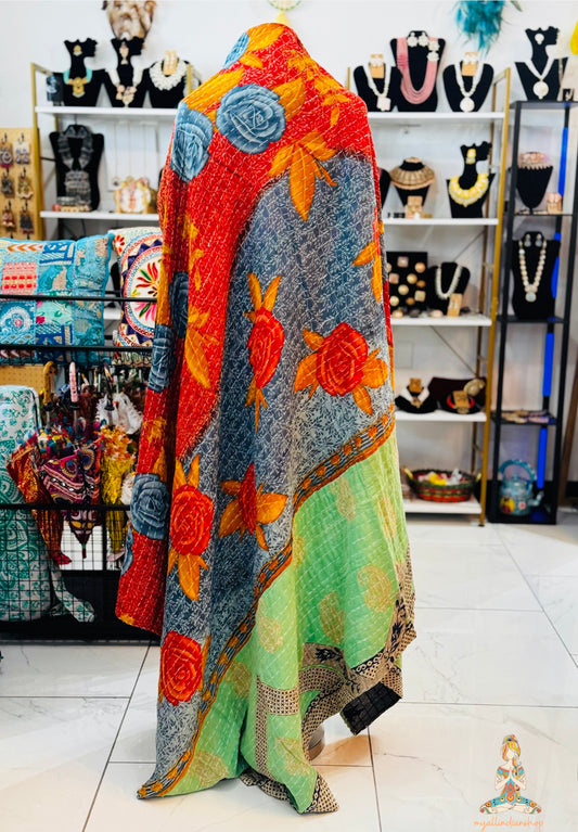 Roses and Paisleys Saree Kantha Quilt – Twin Size - Throw Blanket