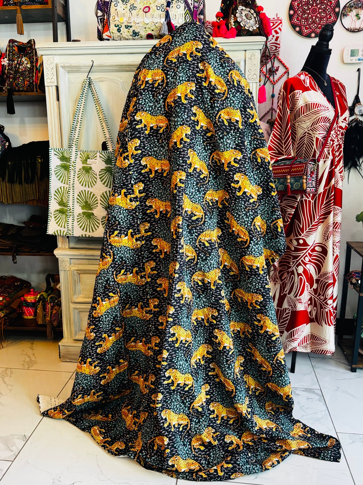 Wild Savannah – Black Leopard Handblock Printed Kantha Quilt | 100% Cotton | Handmade