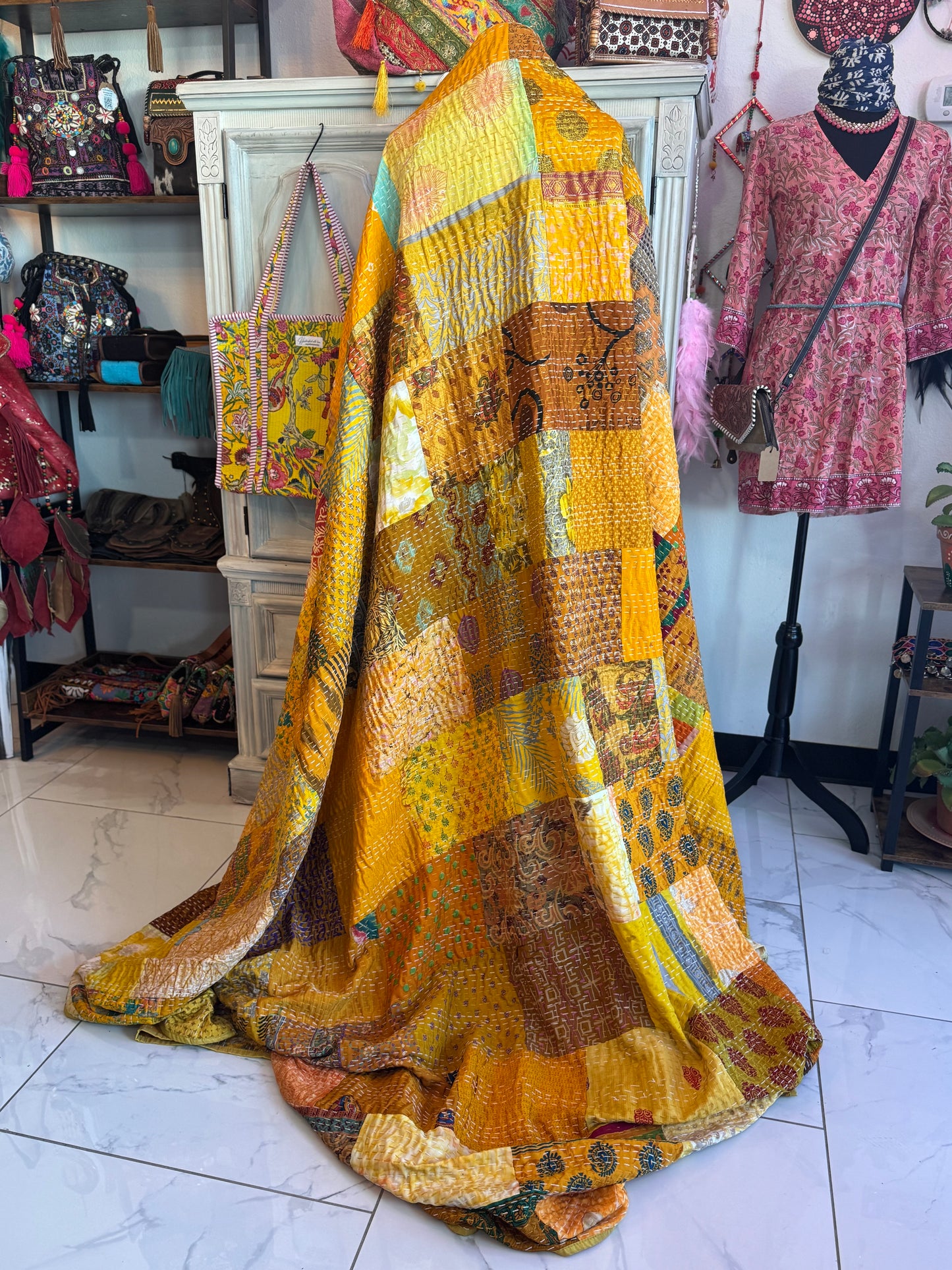Silk Patchwork Kantha - Yellow- Queen/ King