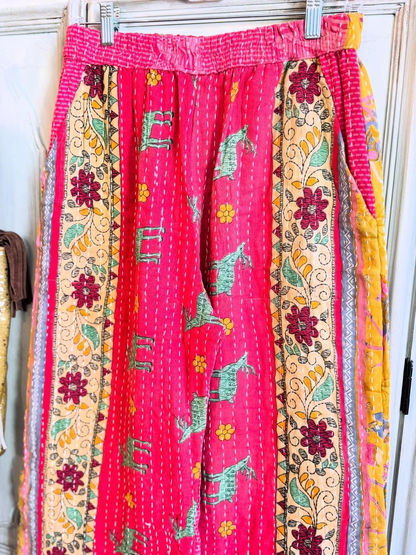 Deer Parade – Handmade Kantha Cotton Pants | Wide Leg Boho Trousers
