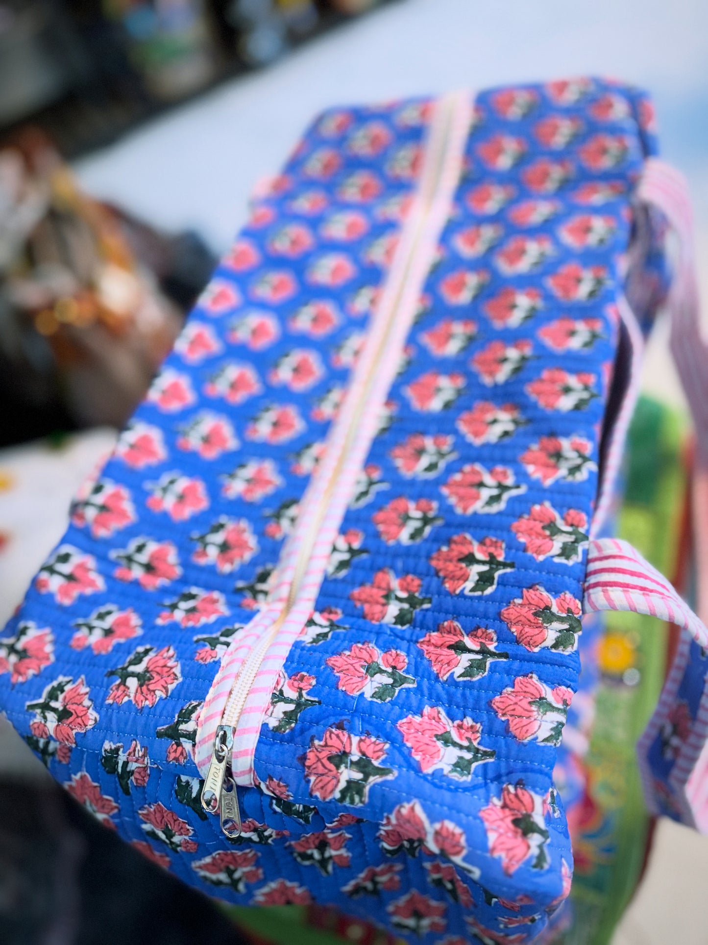 Blue Floral Quilted Duffel Bag – Handmade Block Print Weekender Cotton Travel Bag