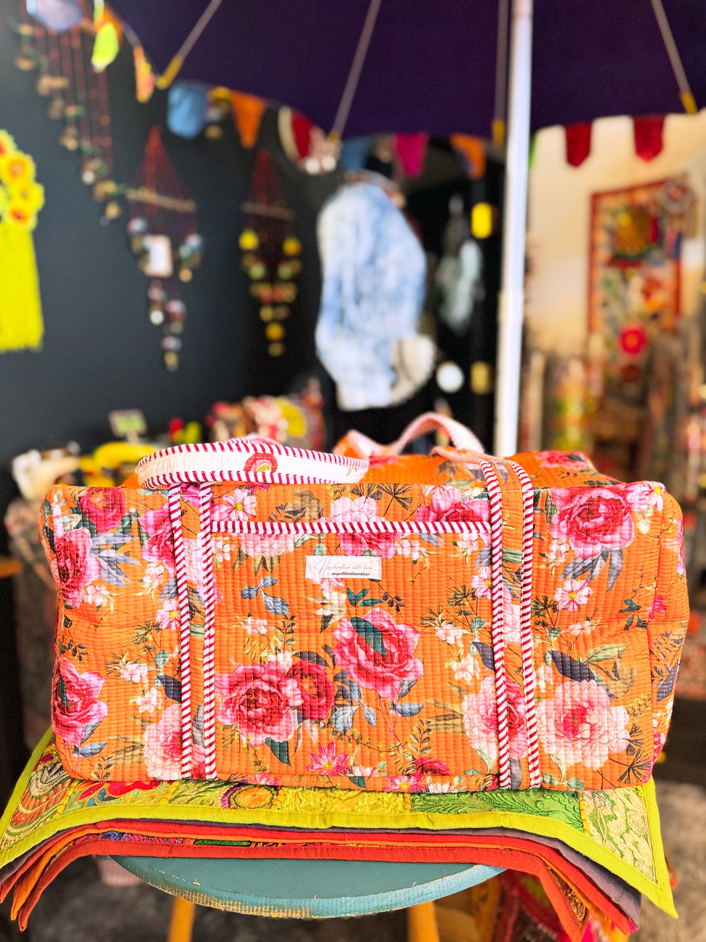 Pink Roses Quilted Duffel Bag – Handmade Floral Block Print Weekender Bag with Unicorn Lining