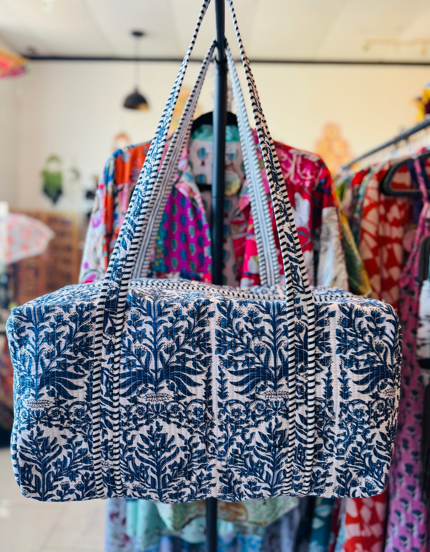 Handmade Quilted Weekender Bag – Travel Duffel - Blue Botanicals