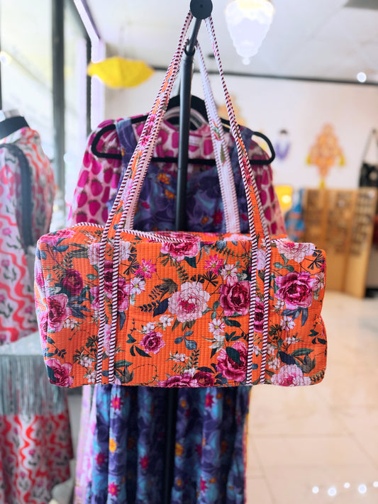Pink Roses Quilted Duffel Bag – Handmade Floral Block Print Weekender Bag with Unicorn Lining