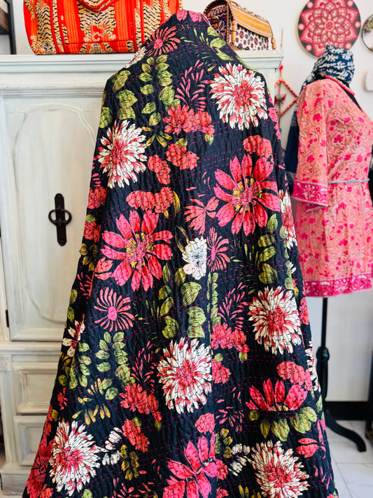 Midnight Dahlia – Handblock Printed Kantha Quilt | Cotton | Handmade | Full Size
