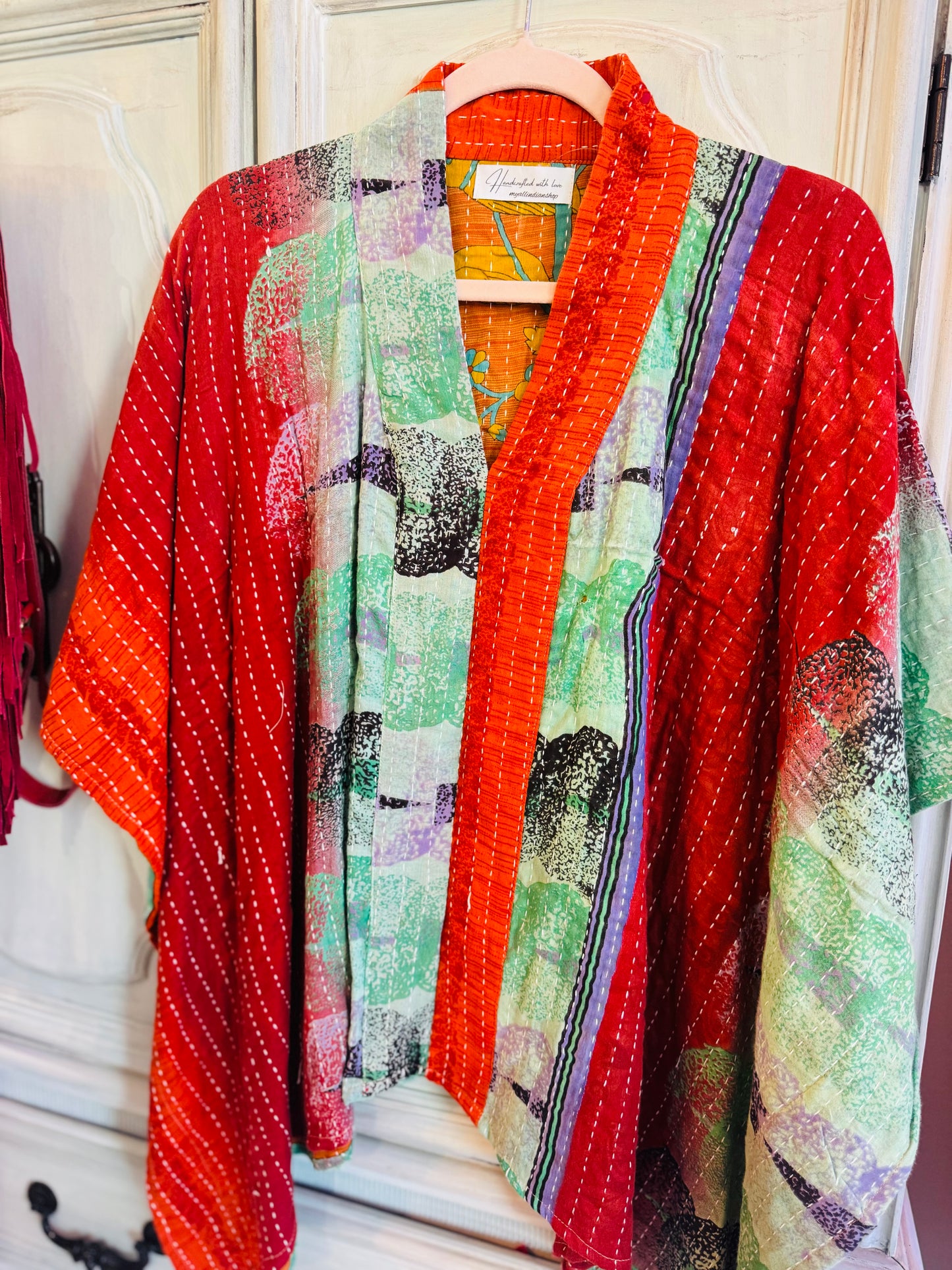 Handmade Kantha Poncho – Scarlet Meadow | Unisex | 100% Cotton Boho Top