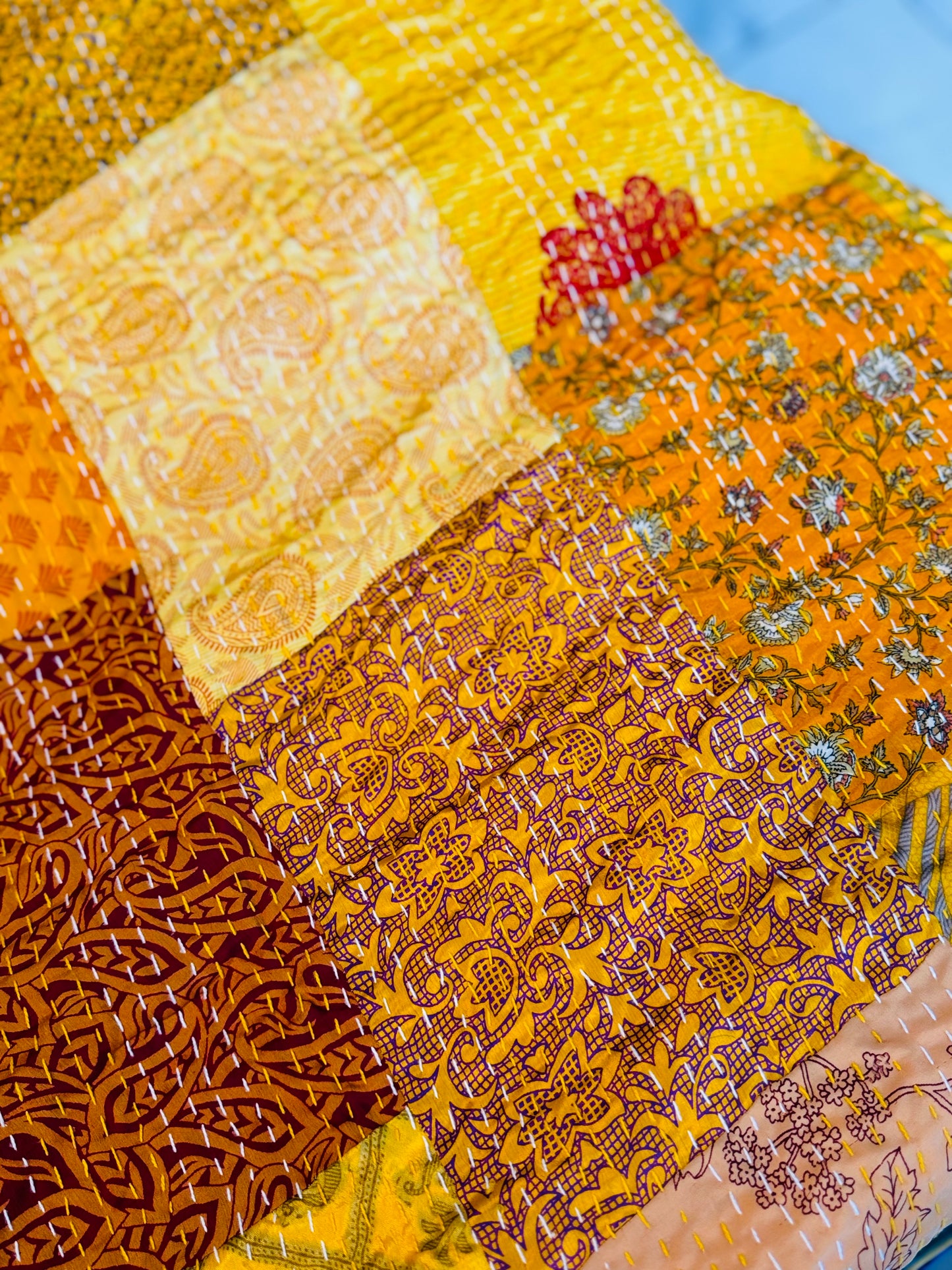 Silk Patchwork Kantha - Yellow- Queen/ King