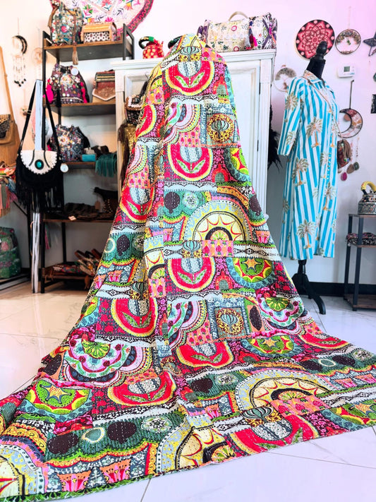 Bohemian Mosaic – Handblock Printed Kantha Quilt – 100% Cotton | Handmade