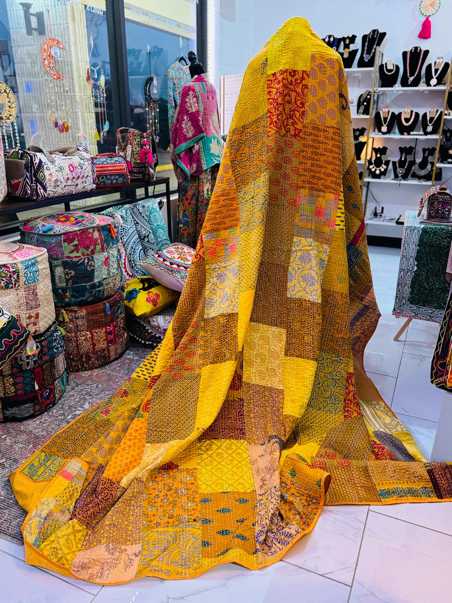 Silk Patchwork Kantha - Yellow- Queen/ King