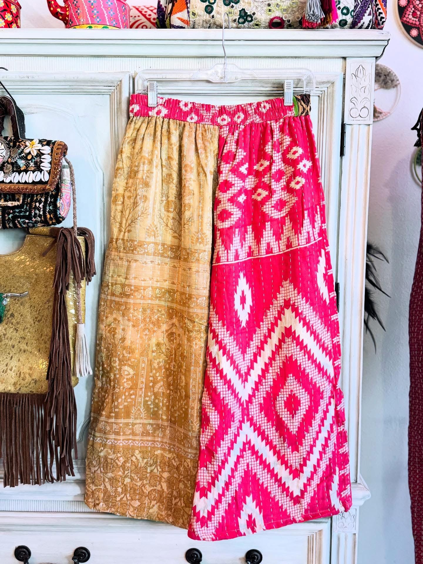 Pink & Olive Bloom – Handmade Kantha Cotton Pants | Wide Leg Boho Trousers
