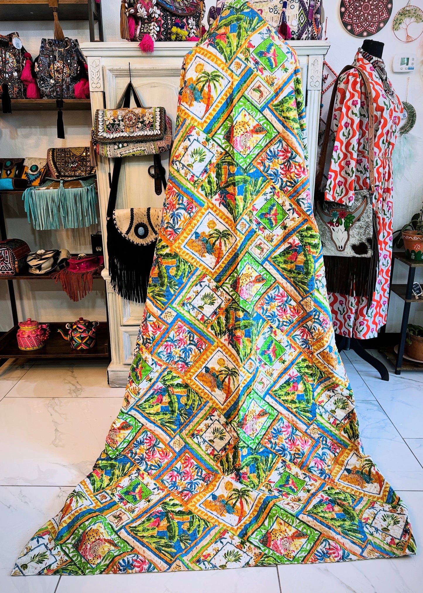 Safari Diamond Kantha Quilt | Cotton Lightweight Blanket | Throw/Twin Size