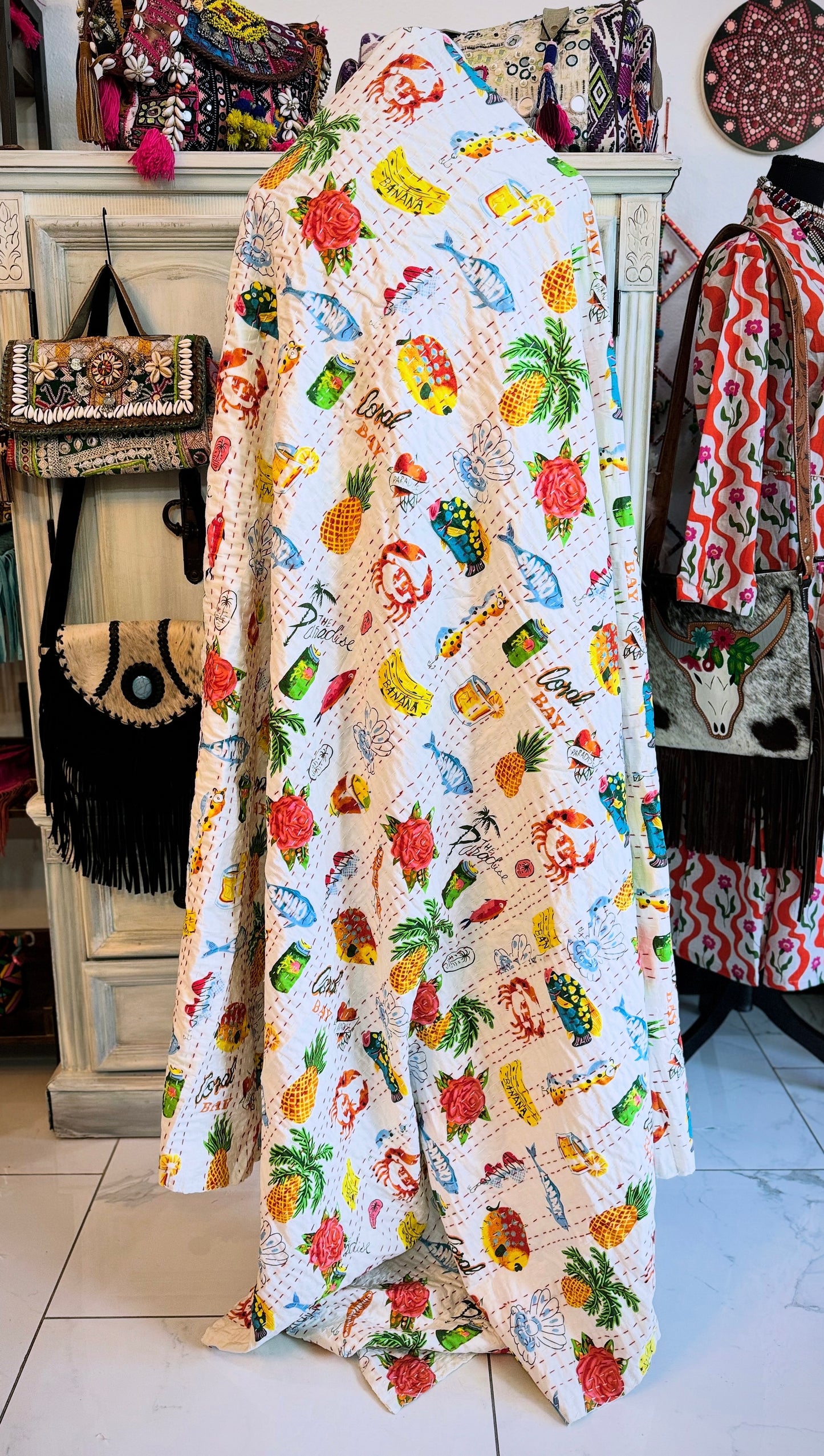 Tropical Print Kantha Quilt | Cotton Lightweight Blanket | Throw/Twin Size