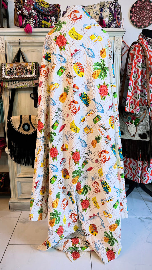Tropical Print Kantha Quilt | Cotton Lightweight Blanket | Throw/Twin Size