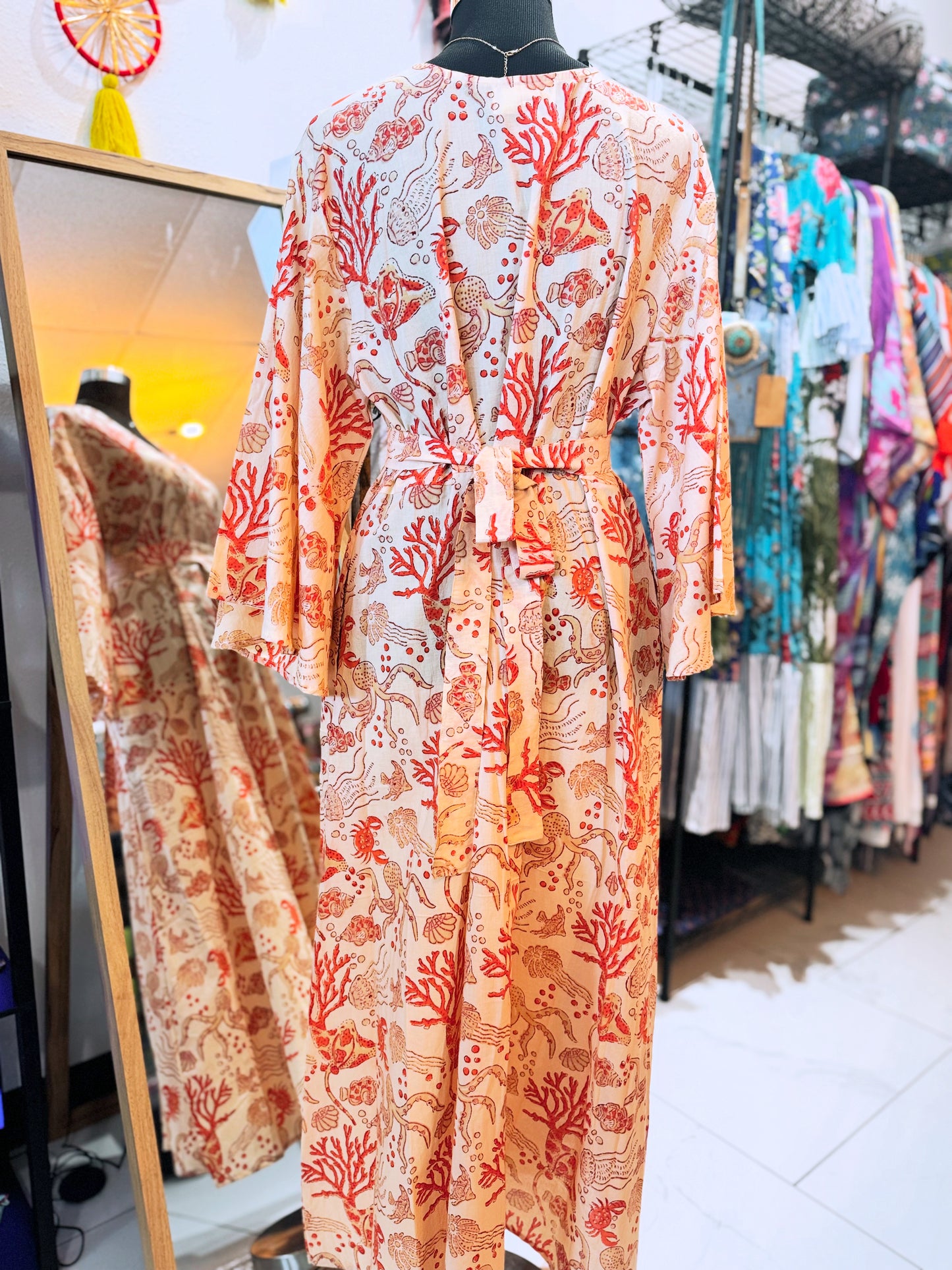 Coral Muse – Handmade Cotton Dress with Belt & Pockets (Medium) | Coastal Statement Dress