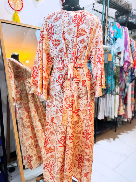 Coral Muse – Handmade Cotton Dress with Belt & Pockets (Medium) | Coastal Statement Dress