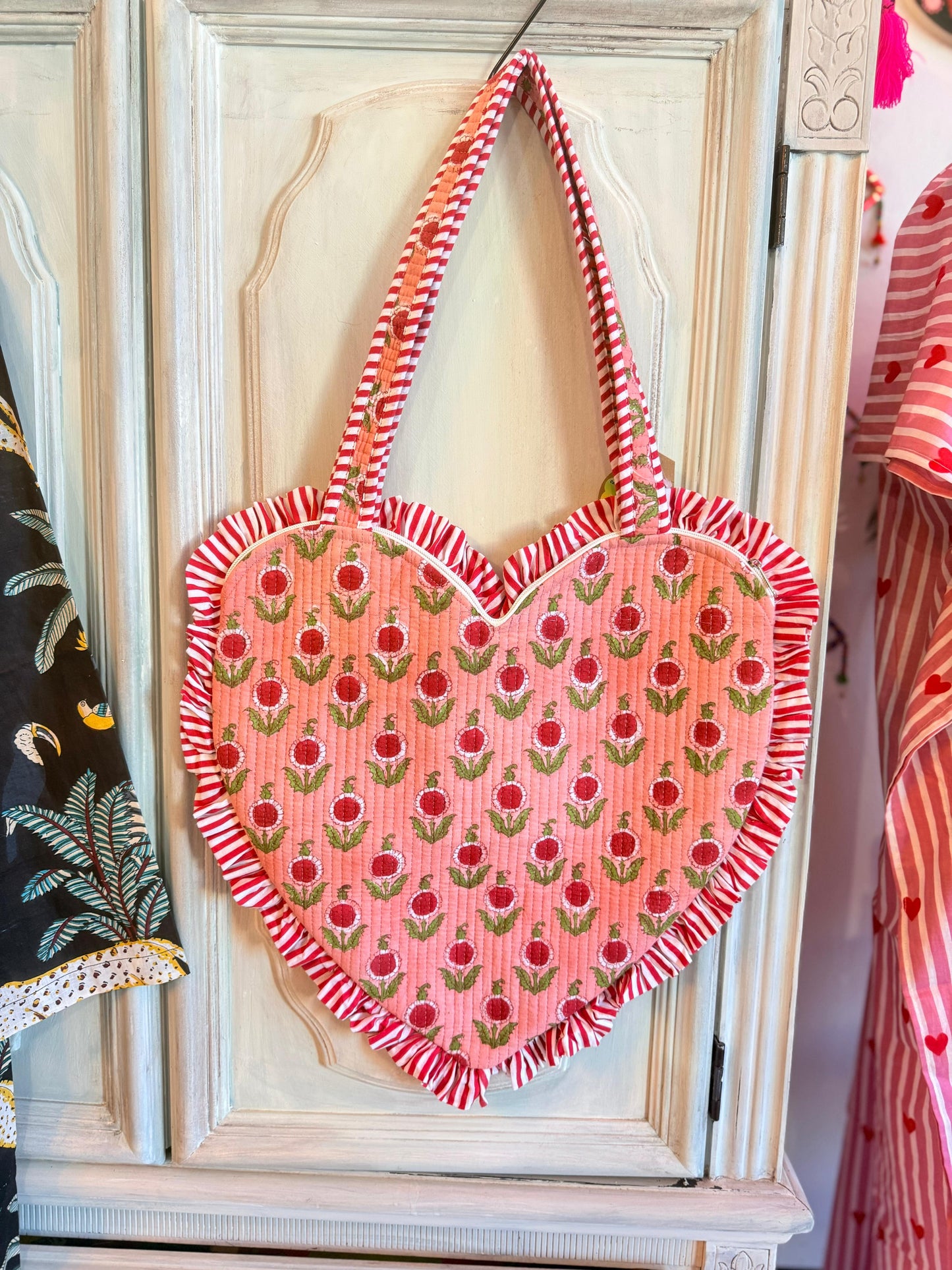 Tulip Blush Heart Tote – Handmade Quilted Cotton Bag with Zipper & Frill Detail | Valentine’s Gift