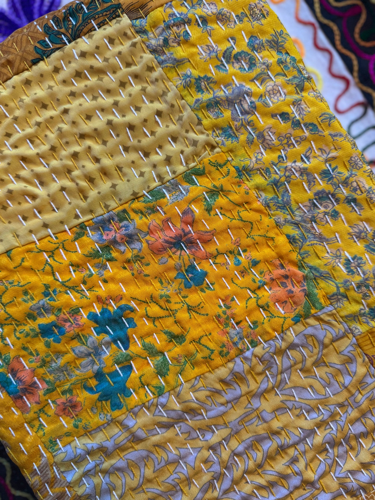 Silk Patchwork Kantha - Yellow- Queen/ King