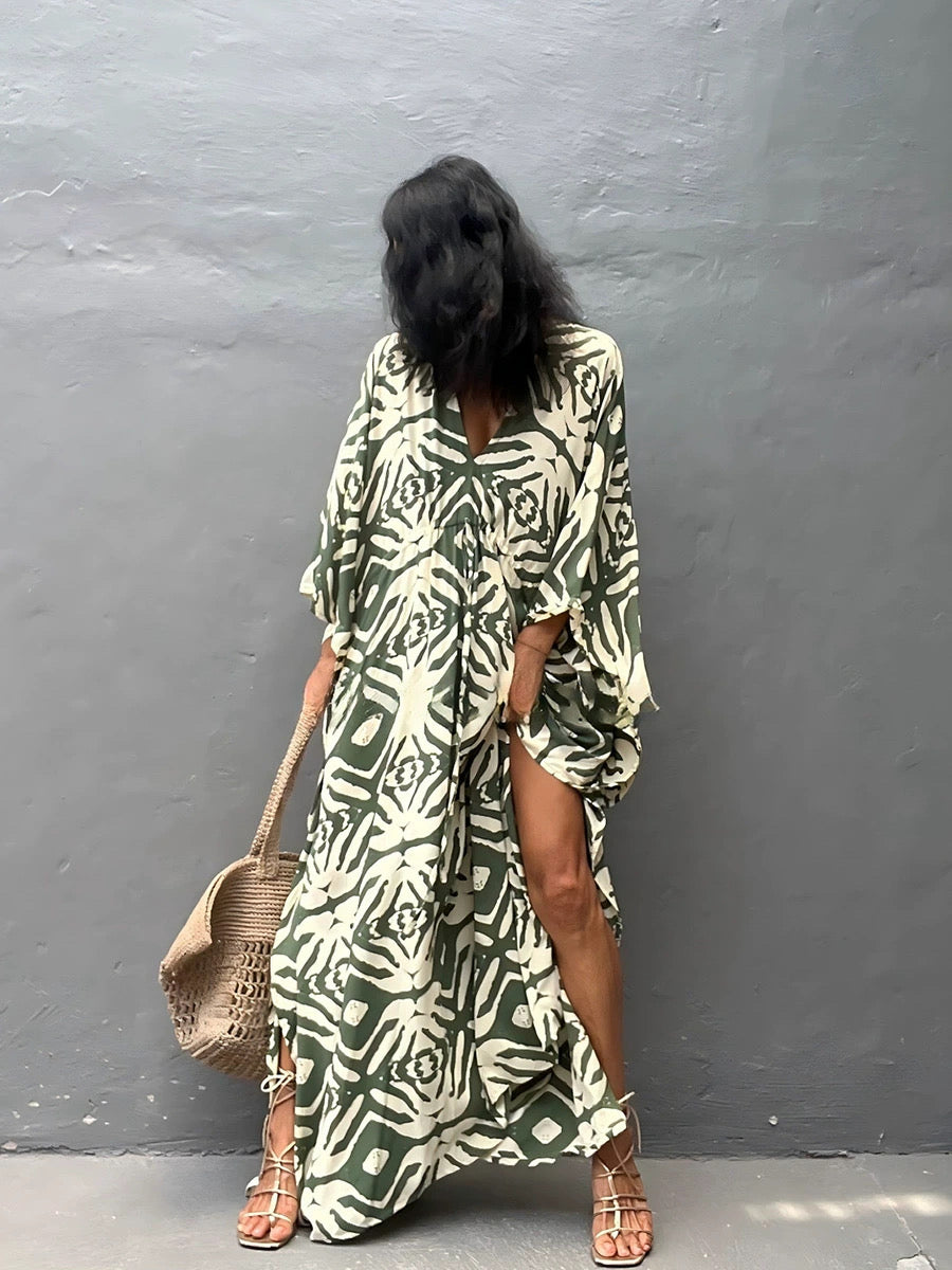 Sage Tribal Drawstring Kaftan – Adjustable Waist, Soft & Elegant
