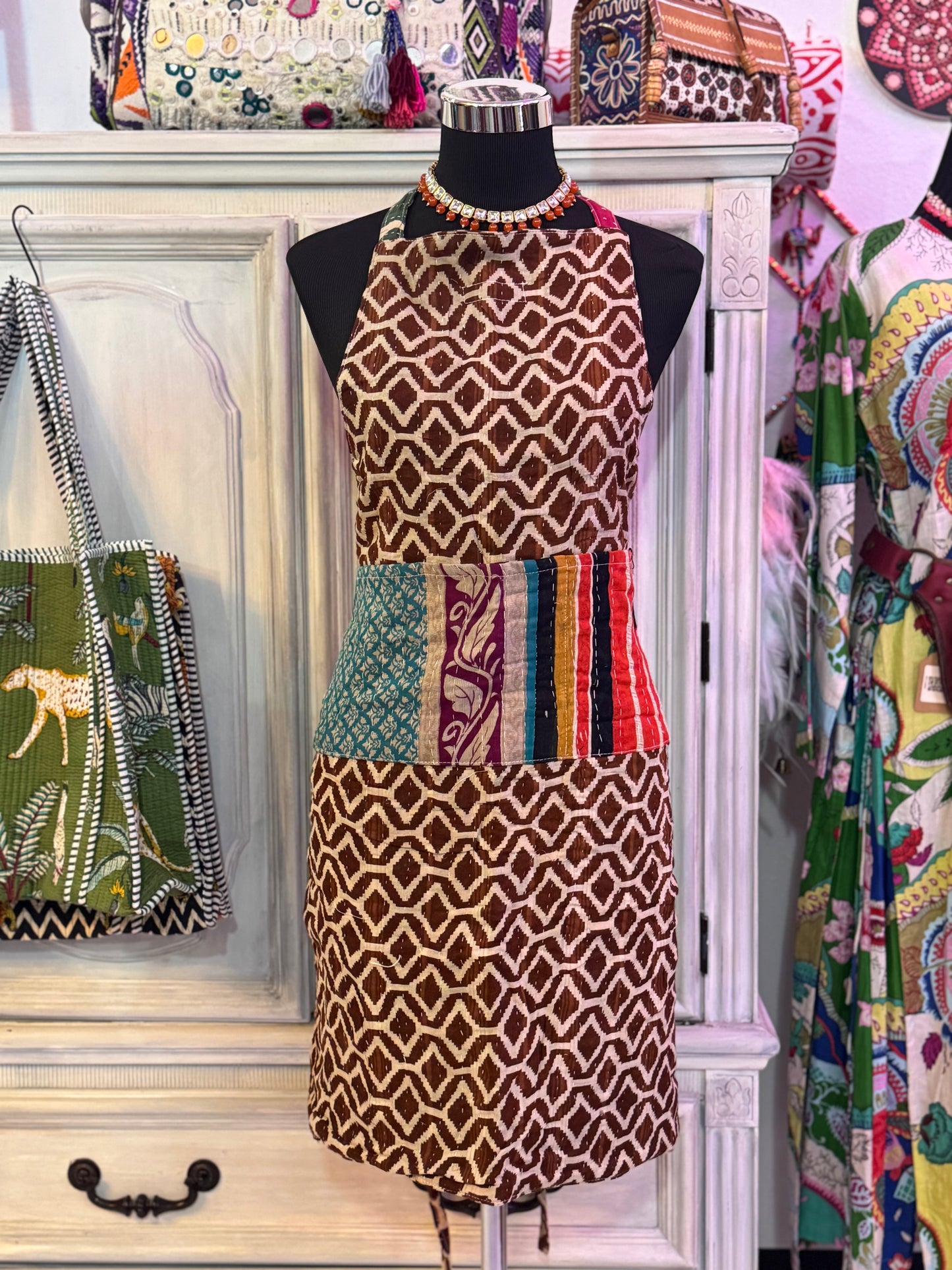 Rust & River Cotton Kantha Apron | Handmade | Reversible | 6 Pockets