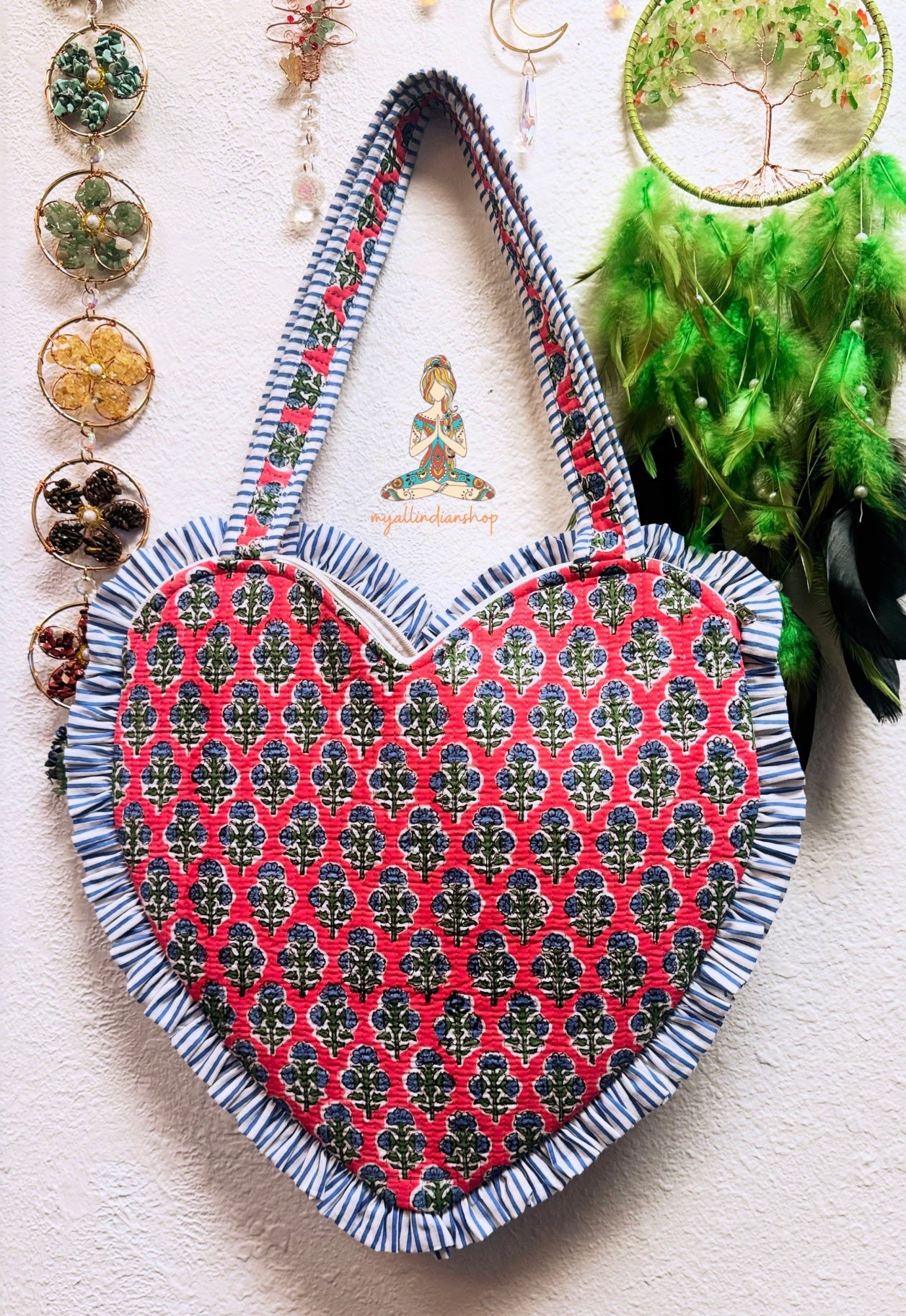 Heart-Shaped Quilted Tote Bag | Hand Block-Printed 100% Cotton | Handmade Zipper Tote