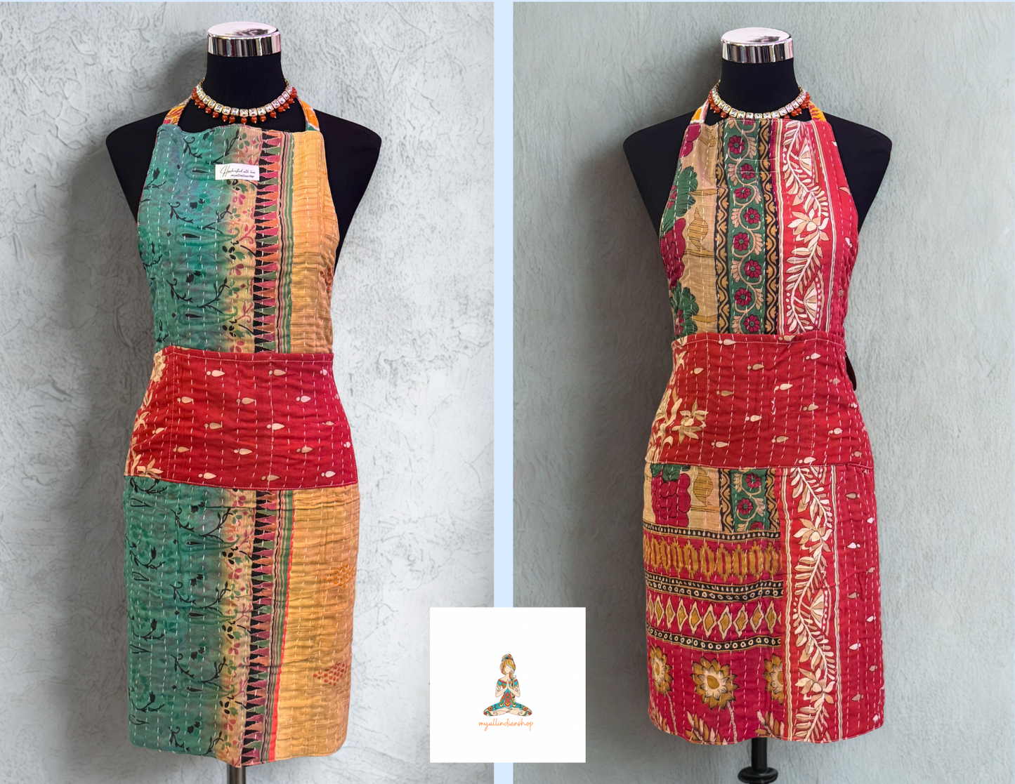 Meadow Spice Cotton Kantha Apron | Handmade | Reversible | 6 Pockets