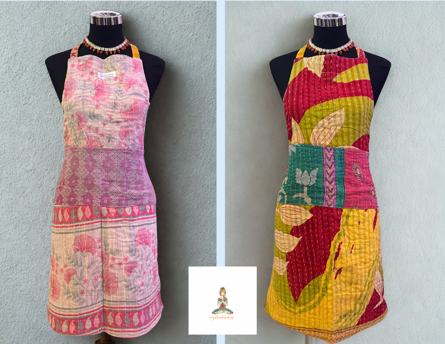 Blushing Garden Cotton Kantha Apron | Handmade | Reversible | 6 Pockets