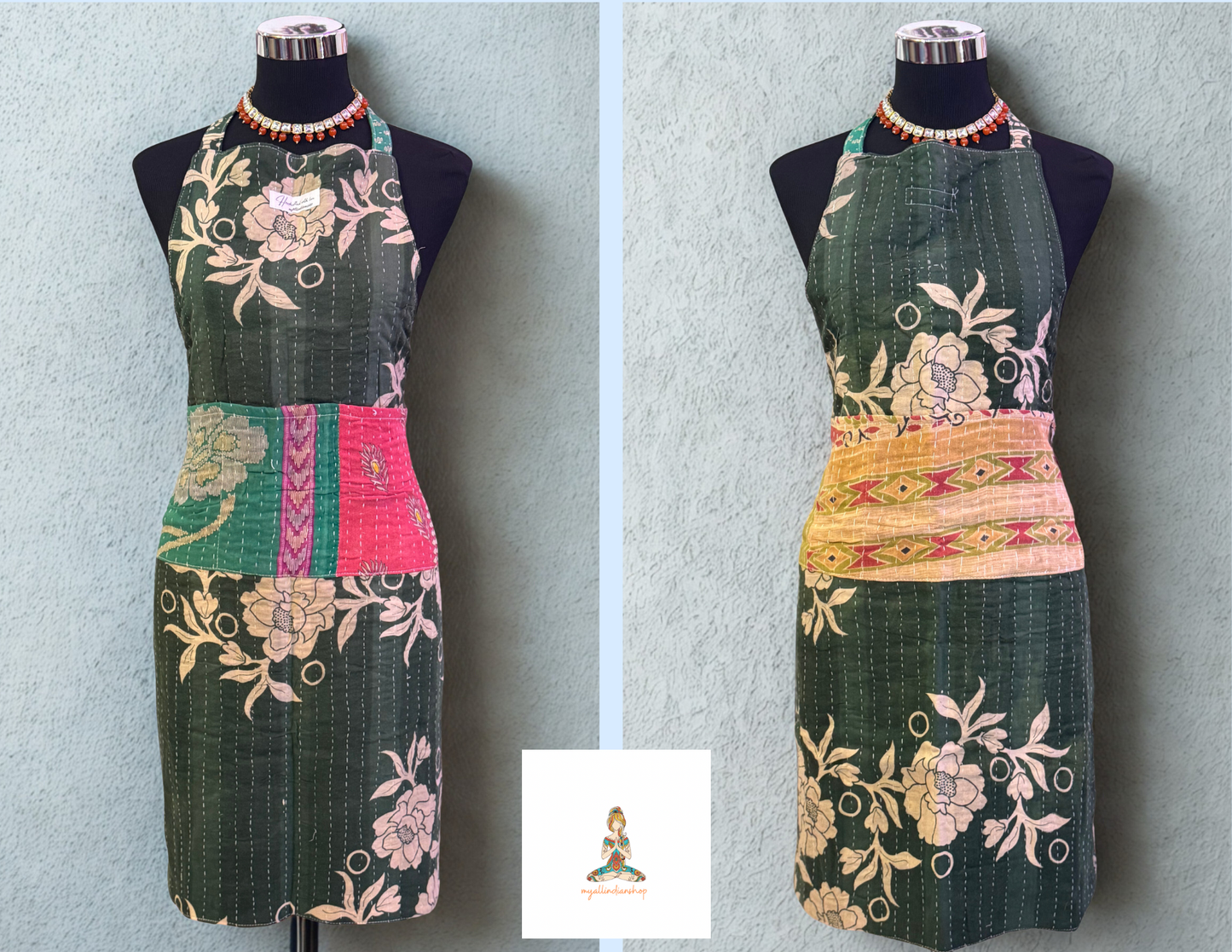 Evergreen Blooms Cotton Kantha Apron | Handmade | Reversible | 6 Pockets