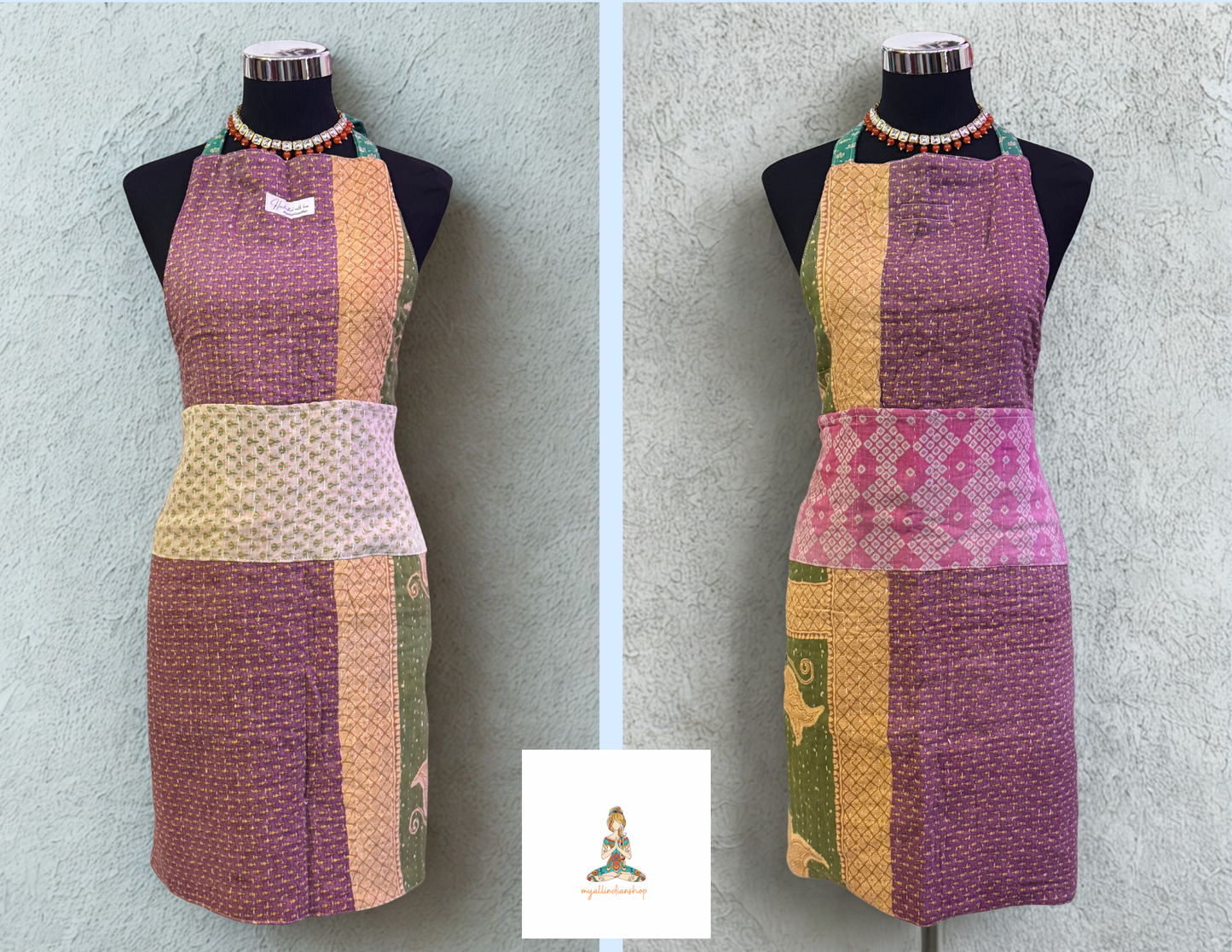 Spring Meadow Cotton Kantha Apron | Handmade | Reversible | 6 Pockets