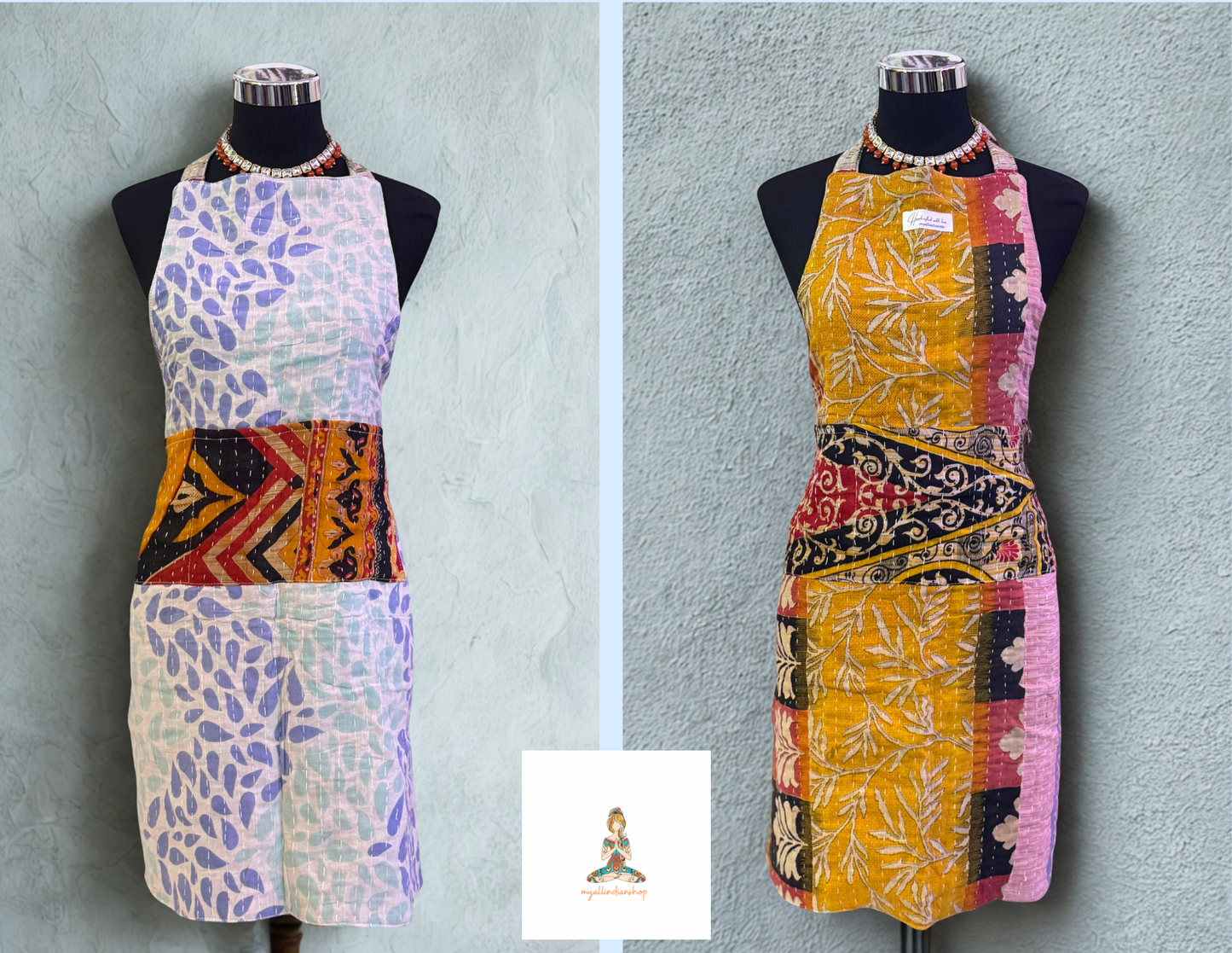 Ocean Drift Cotton Kantha Apron | Handmade | Reversible | 6 Pockets