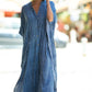 Front side of the blue strpes print of buttons and pockets kaftan