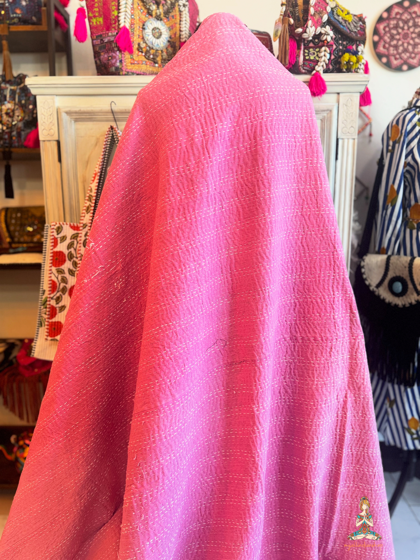 Pink Seashells | Hand Block Printed Kantha Quilt | 100% Cotton | Handmade | 84x104”