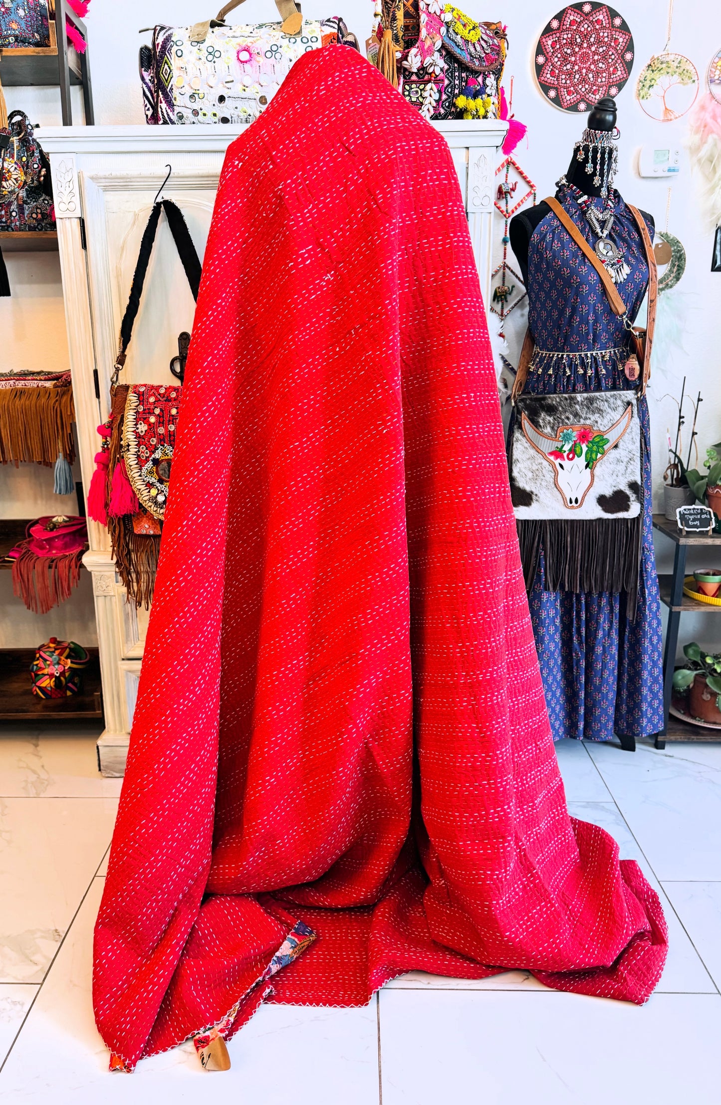 Red Patchwork Kantha Quilt | 100+ Patches | Solid Cotton Back | Queen Size 90x105 Handmade