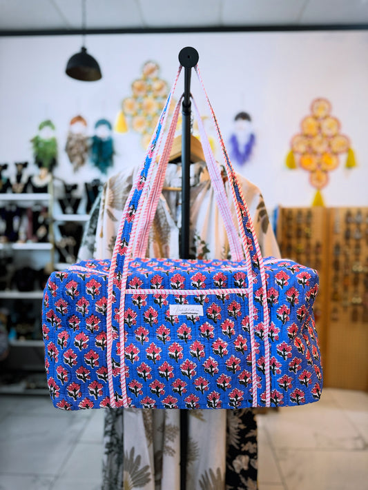 Blue Floral Quilted Duffel Bag – Handmade Block Print Weekender Cotton Travel Bag
