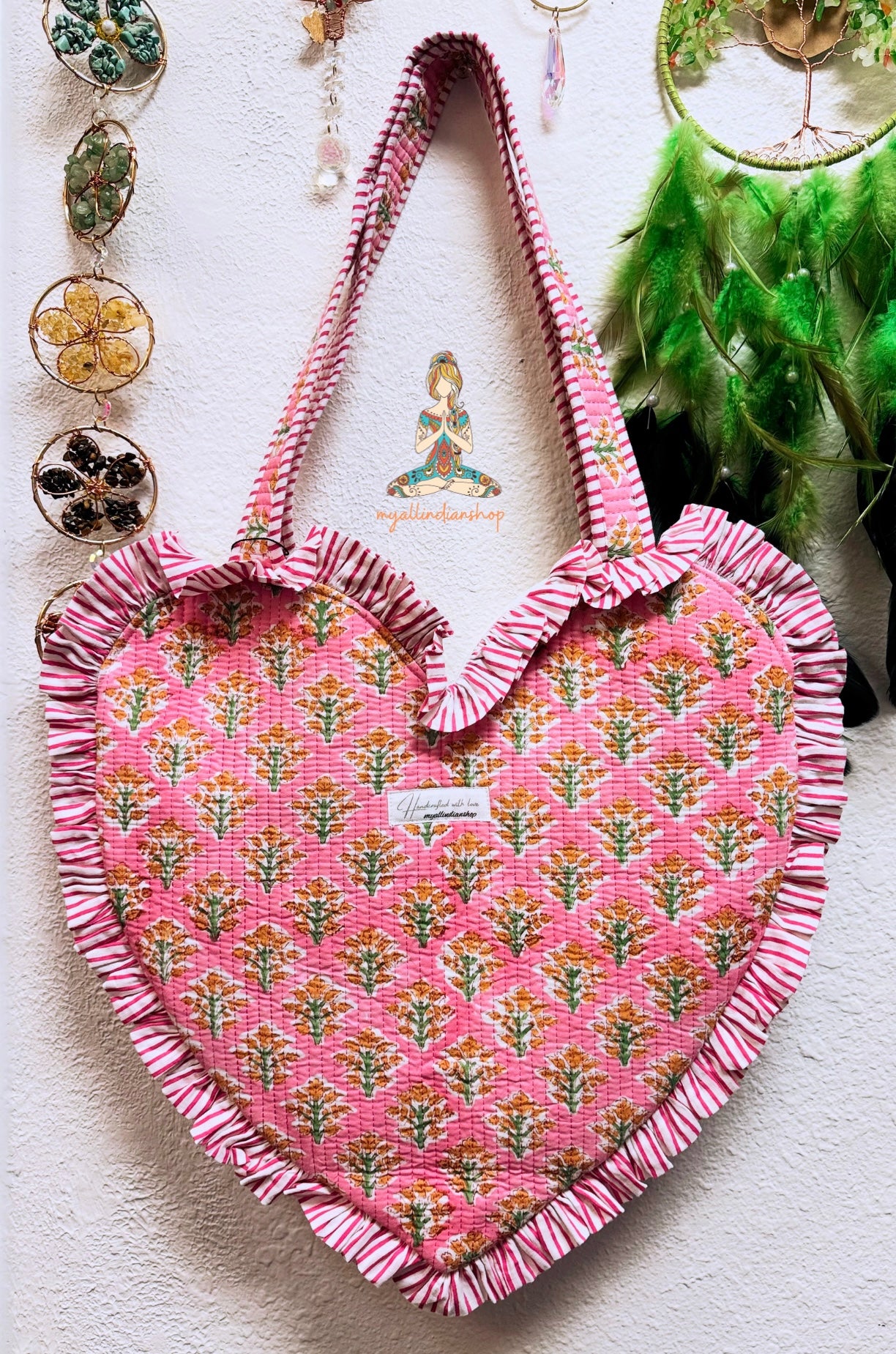 Heart Quilted Tote- Orange Flowers - Zipper - Pocket