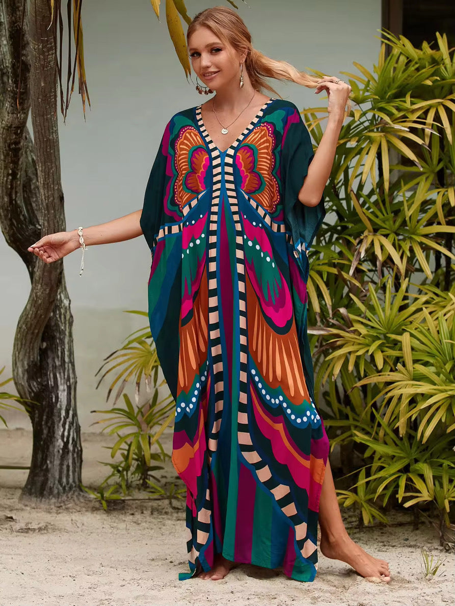 Tropical Butterfly Glow Kaftan – Free Size, Colorful