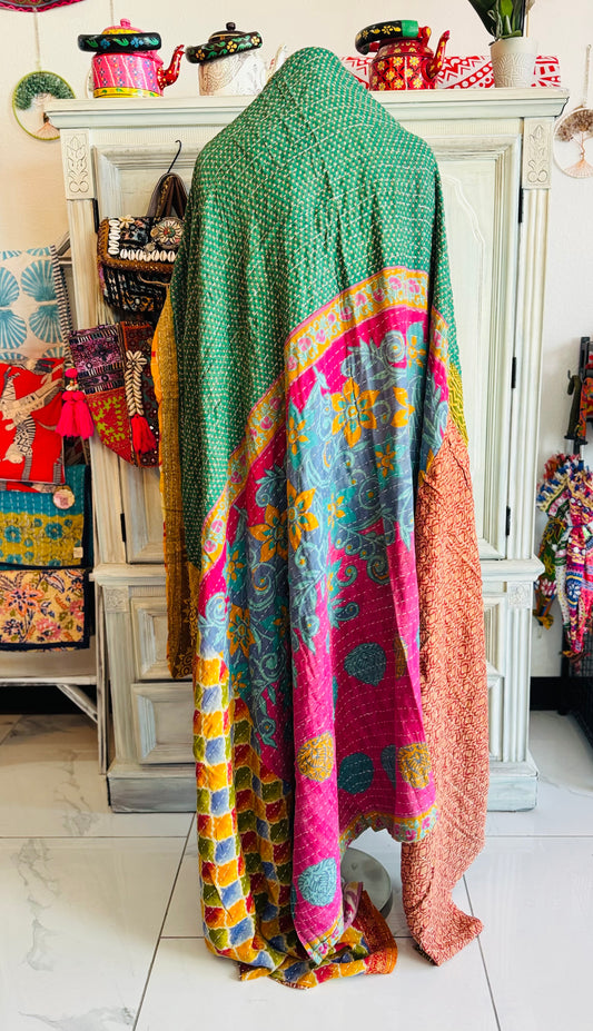 Green and More Saree Kantha Quilt – Twin Size - Throw Blanket