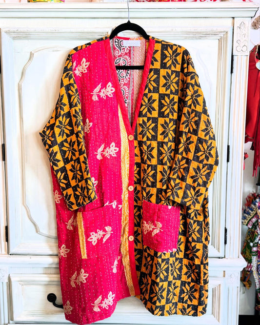 Reversible Kantha Kimono with Pink floral and mustard print made from 100% cotton saree quilts