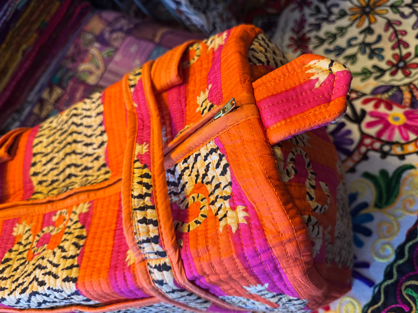 Safari Stripe Weekender – Handmade Quilted Cotton Duffle | Tiger Print Travel Bag