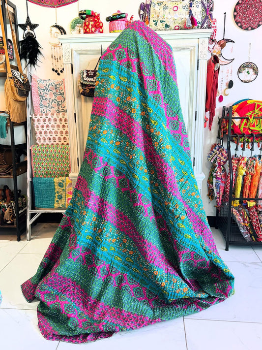 Colorblock Harmony – Handblock Printed Kantha Quilt – 100% Cotton | Handmade